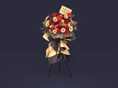 Flower Bouquet With Red Yellow White Blooms Greeting Card Decorative Ribbon On Tripod Stand 3d model