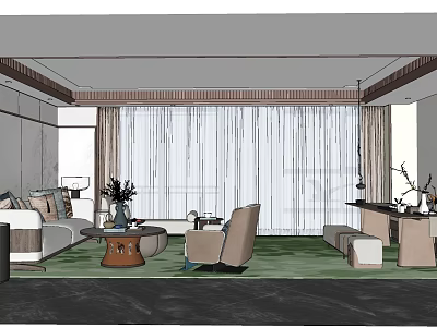 Modern Leisure Area Interior With Sofa Armchair Coffee Table Curtains And Plants 3d model
