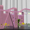 Pink Exhibition Space With Bookshelves Yellow Chairs Plants Posters And Starry Background