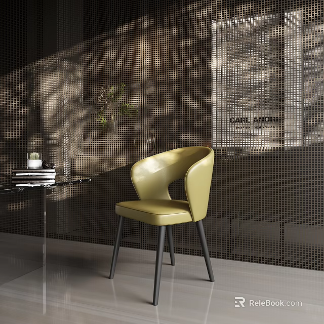 Modern Yellow Leather Dining Chair with Curved Backrest Black Legs and Mesh Wall Background 3d model 