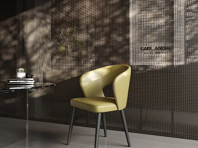 Modern Yellow Leather Dining Chair with Curved Backrest Black Legs and Mesh Wall Background 3d model