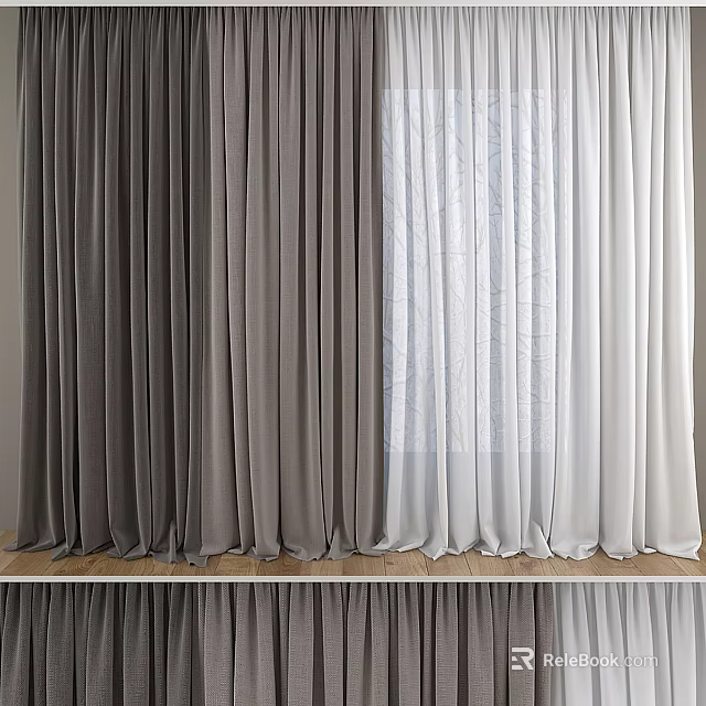 Modern Dark Gray Drapes And White Sheer Curtains With Layered Design 3d model 