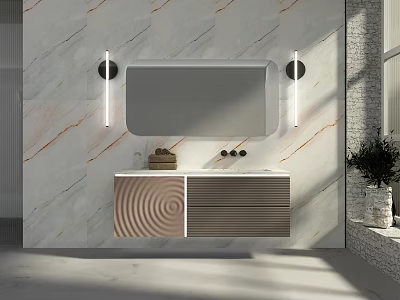 Modern Wall Mounted Washbasin Vanity with Marble Wall Illuminated Mirror and Textured Cabinet Doors 3d model