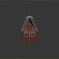 Traditional Architectural Model with Curved Thatched Roof and Red Wooden Structure