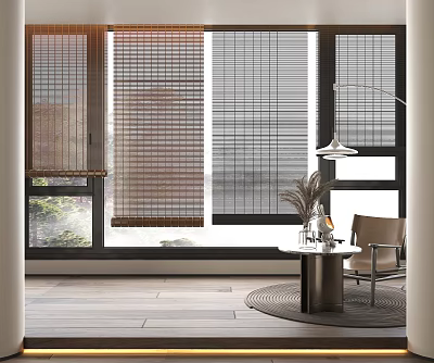 Various Colored Window Blinds In Modern Living Room Interior On Windows 3d model