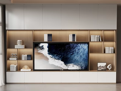 Modern TV Stand With Storage Shelves Decorative Books And TV Screen Displaying Natural Scene 3d model