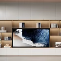 Modern TV Stand With Storage Shelves Decorative Books And TV Screen Displaying Natural Scene