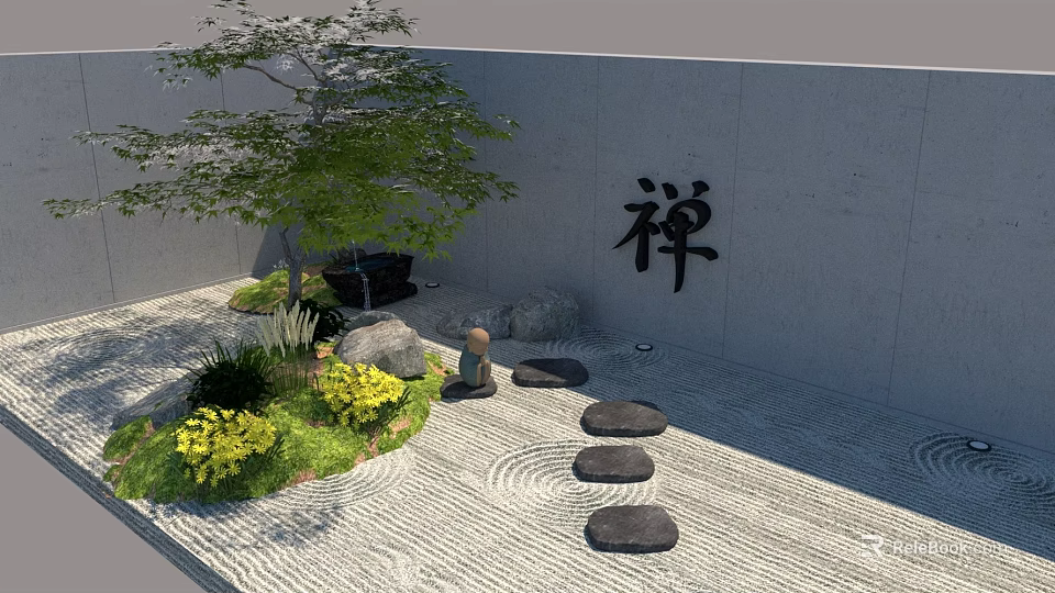 Zen Courtyard Garden Design With Stone Path Green Plants Rocks And Sand 3d model 