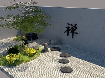 Zen Courtyard Garden Design With Stone Path Green Plants Rocks And Sand 3d model