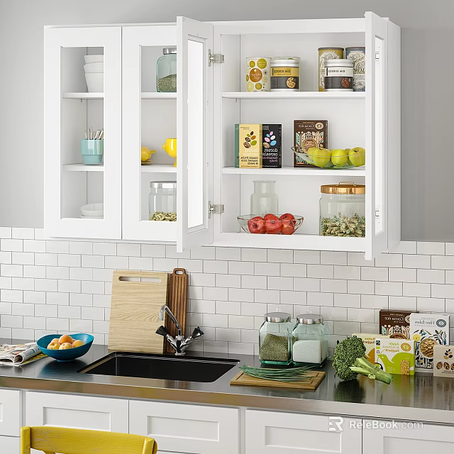 Modern Kitchen Interior With White Glass Door Cabinets Jars Boxes Cutting Board And Fresh Vegetables 3d model 