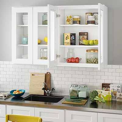 Modern Kitchen Interior With White Glass Door Cabinets Jars Boxes Cutting Board And Fresh Vegetables 3d model