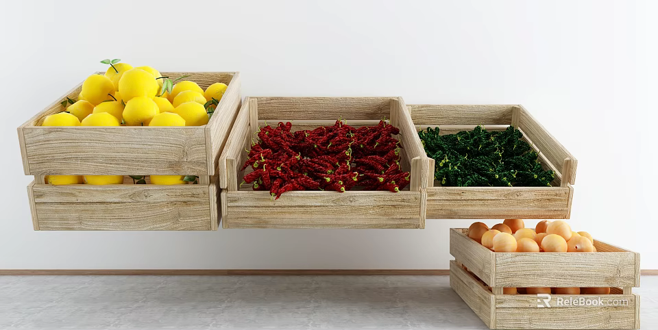 Fresh Vegetables Display with Red Green Chili Peppers and Lemons in Wooden Crates 3d model 
