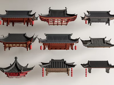 Traditional Chinese Architectural Components Various Classic Roof Styles With Red Lanterns And Ornate Details 3d model