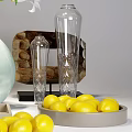 Decorative Ornament Set with Light Green Vase White Lilies Transparent Glass Bottle Yellow Lemons and Woven Basket