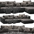Modern Gray Fabric Sectional Sofa with Multiple Cushions and Plaid Blanket 3d model