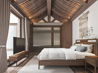 Cozy Hotel Room with Wooden Ceiling King Size Bed TV and Curtain Decorations 3d model