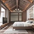 Cozy Hotel Room with Wooden Ceiling King Size Bed TV and Curtain Decorations
