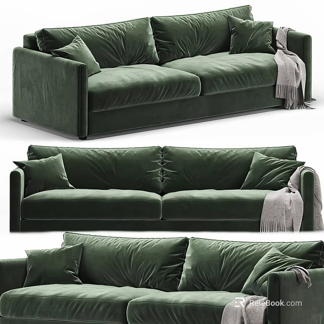 Luxurious Green Velvet Sectional Sofa With Decorative Pillows And Throw Blanket 3d model 