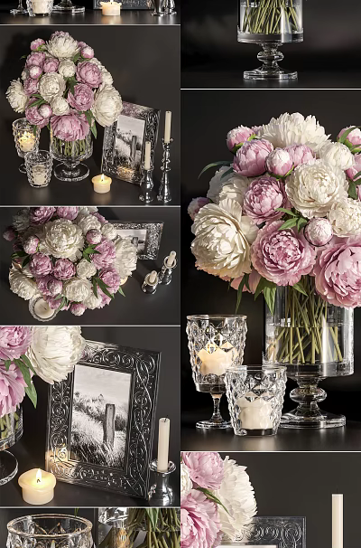 Elegant Ornamental Decor Set With Peonies Vase Photo Frame Candles And Glassware 3d model