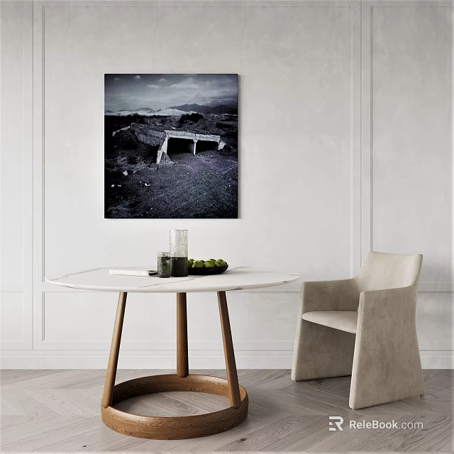 Modern Minimalist Dining Table Set With Round White Tabletop Wooden Legs Chair And Wall Art 3d model 