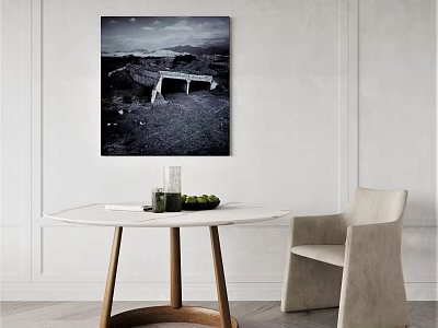 Modern Minimalist Dining Table Set With Round White Tabletop Wooden Legs Chair And Wall Art 3d model