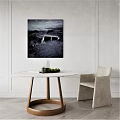 Modern Minimalist Dining Table Set With Round White Tabletop Wooden Legs Chair And Wall Art