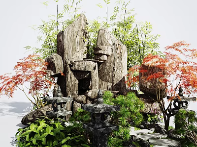 Courtyard Garden With Stone Rock Formations Bamboo Plants Red Maple Leaves And Stone Lanterns 3d model