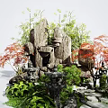 Courtyard Garden With Stone Rock Formations Bamboo Plants Red Maple Leaves And Stone Lanterns