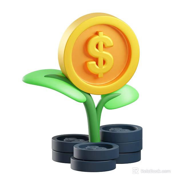 Decorative Ornament Set With Golden Dollar Coin Green Plant Stem And Stacked Coins 3d model 