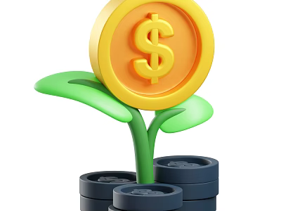 Decorative Ornament Set With Golden Dollar Coin Green Plant Stem And Stacked Coins 3d model