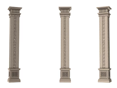 Three Classical Architectural Stone Columns With Ornate Capitals Bases And Intricate Decorative Patterns 3d model