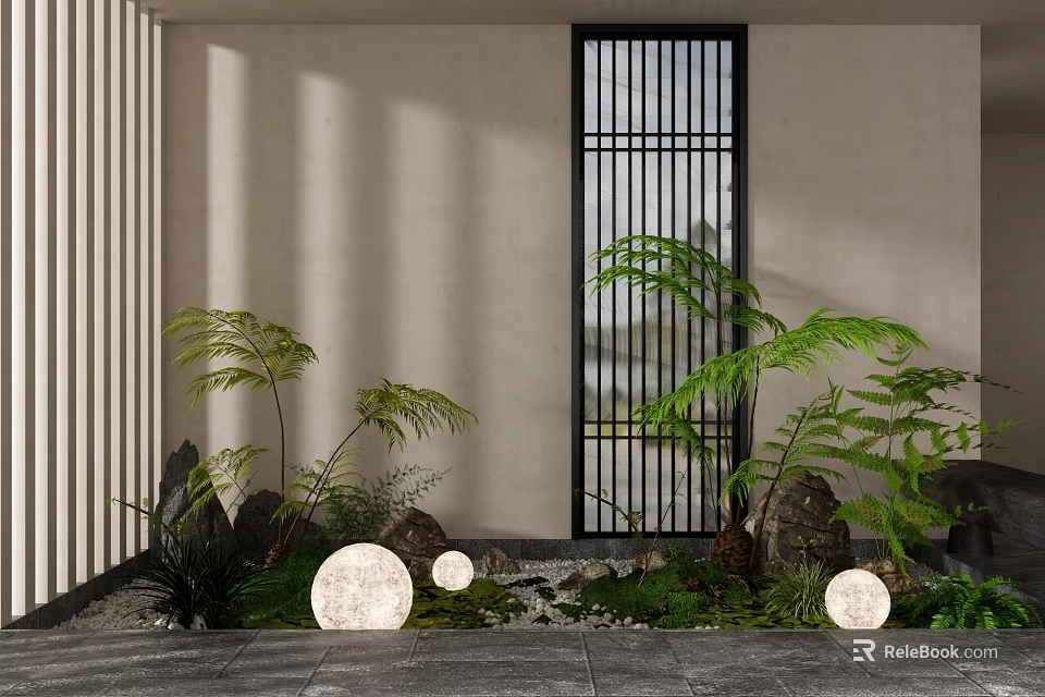 Modern Garden Decor With Ferns Rocks Round Lights And Black Grid Door 3d model 