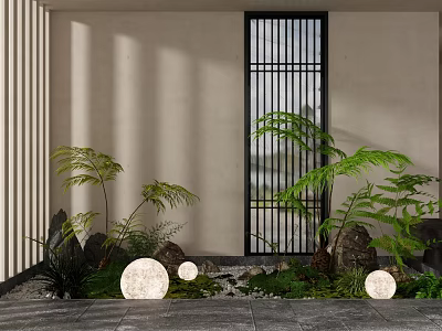 Modern Garden Decor With Ferns Rocks Round Lights And Black Grid Door 3d model