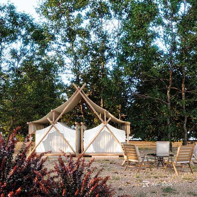 Serene Garden Landscape With Glamping Tent Lush Trees Outdoor Seating And Natural Setting 3d model 