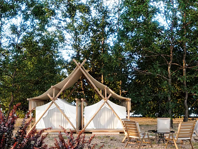 Serene Garden Landscape With Glamping Tent Lush Trees Outdoor Seating And Natural Setting 3d model