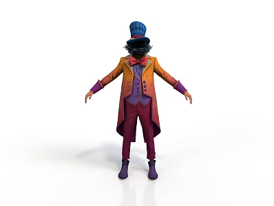 Fantasy Character With Blue Hat Black Bow Tie Orange Purple Coat Vest And Pants 3d model