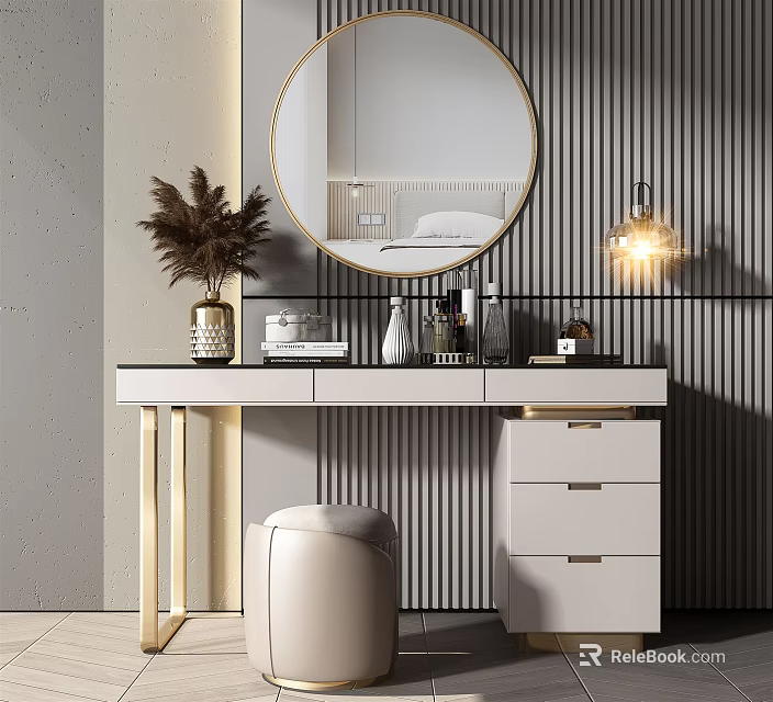 Dressing Table with Round Mirror Vase Dried Flowers Drawers Stool Striped Wall and Wall Lamp 3d model 