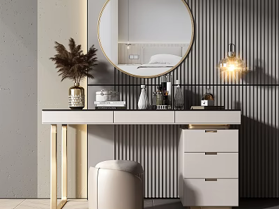 Dressing Table with Round Mirror Vase Dried Flowers Drawers Stool Striped Wall and Wall Lamp 3d model