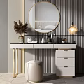 Dressing Table with Round Mirror Vase Dried Flowers Drawers Stool Striped Wall and Wall Lamp