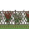 Climbing Red and Pink Roses on Wooden Fence with Blue Sky and Green Grass