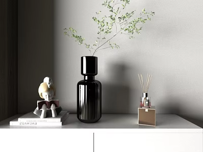 Decorative Ornament Set With Black Vase Green Branches Doll Aromatherapy Bottle Books On White Cabinet 3d model
