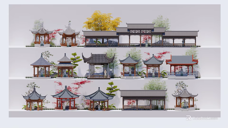 Various Traditional Chinese Garden Pavilions With Classic Roof And Decorative Elements 3d model 