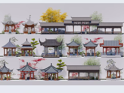 Various Traditional Chinese Garden Pavilions With Classic Roof And Decorative Elements 3d model