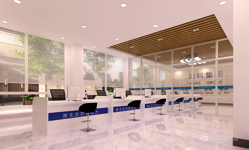 Modern Administrative Service Hall With White Counters Black Chairs Large Windows And Bright Lighting 3d model 