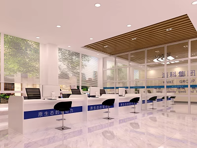 Modern Administrative Service Hall With White Counters Black Chairs Large Windows And Bright Lighting 3d model