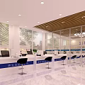 Modern Administrative Service Hall With White Counters Black Chairs Large Windows And Bright Lighting