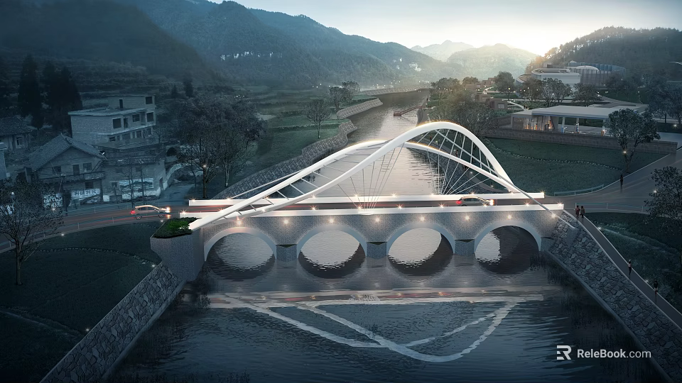 Modern Arched Landscape Bridge With Circular Arches And Mountain River Reflection At Sunset 3d model 
