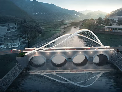 Modern Arched Landscape Bridge With Circular Arches And Mountain River Reflection At Sunset 3d model