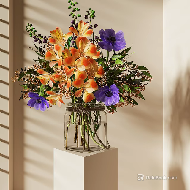 Colorful Flowers And Green Leaves In Clear Glass Vase On White Cube Stand With Sunlight Shadows 3d model 