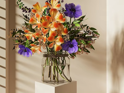 Colorful Flowers And Green Leaves In Clear Glass Vase On White Cube Stand With Sunlight Shadows 3d model